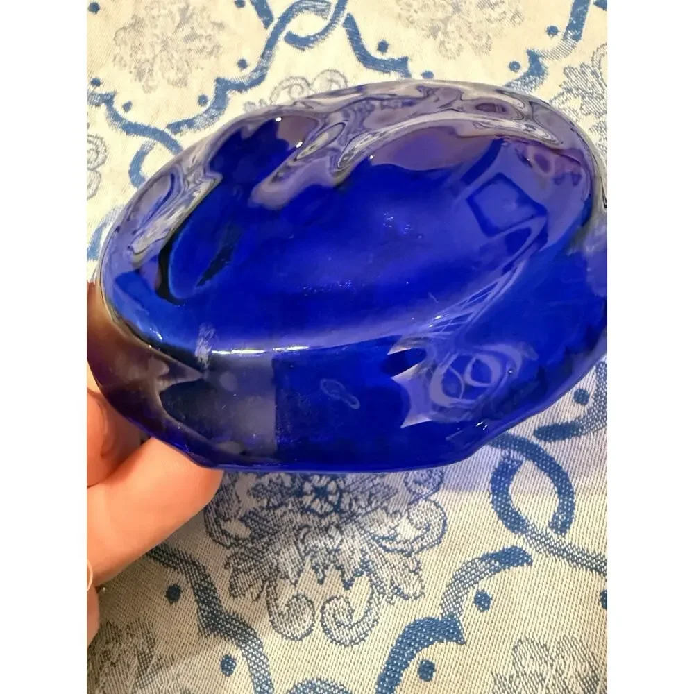 Vintage Cobalt Blue Glass Rabbit Bunny Dish Plate Pressed Glass 4.5”